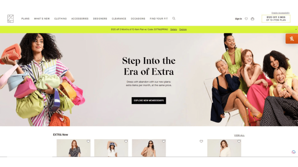 Screenshot snippet of the Rent the Runway website, featuring rent clothes options and their clothing rental service for fashionable and trendy outfits.