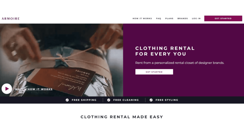 Screenshot snippet of the Armoire website, showcasing their chic clothing rental service and a curated selection of fashionable garments for various occasions.
