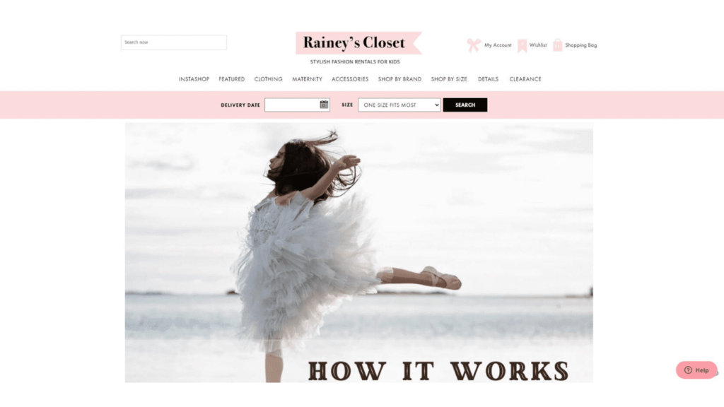 Screenshot snippet of the Rainey's Closet website, displaying their stylish clothing rental service with a diverse range of fashionable garments for different events and occasions.