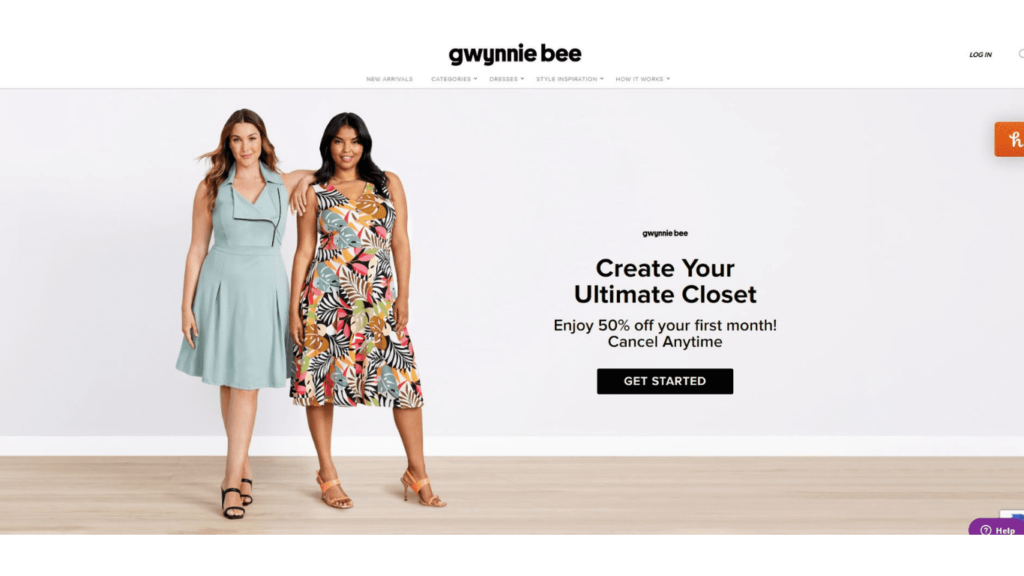 Screenshot snippet of the Gwynnie Bee website, featuring their fashionable clothing rental service, offering a variety of trendy and inclusive garments for diverse styles and sizes.