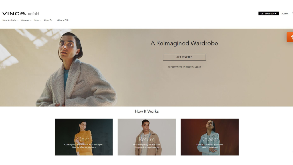 Screenshot snippet of the Vince Unfold website, highlighting their sophisticated clothing rental service, presenting an array of elegant and contemporary garments for various tastes and occasions.