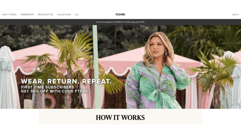 Screenshot snippet of the Fashion to Figure Closet website, showcasing their trendy clothing rental service, offering an inclusive selection of stylish and size-inclusive garments for a variety of occasions.