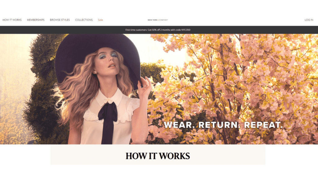 Screenshot snippet of the New York and Company website, featuring their fashionable clothing rental service, providing a wide range of chic and contemporary garments perfect for various events and personal styles.