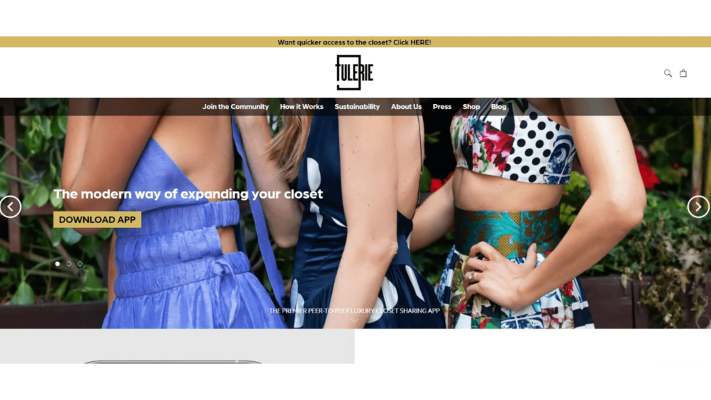 Screenshot snippet of the Tulerie website, displaying their upscale clothing rental service, offering a curated collection of luxurious and fashionable garments for diverse tastes and special occasions.