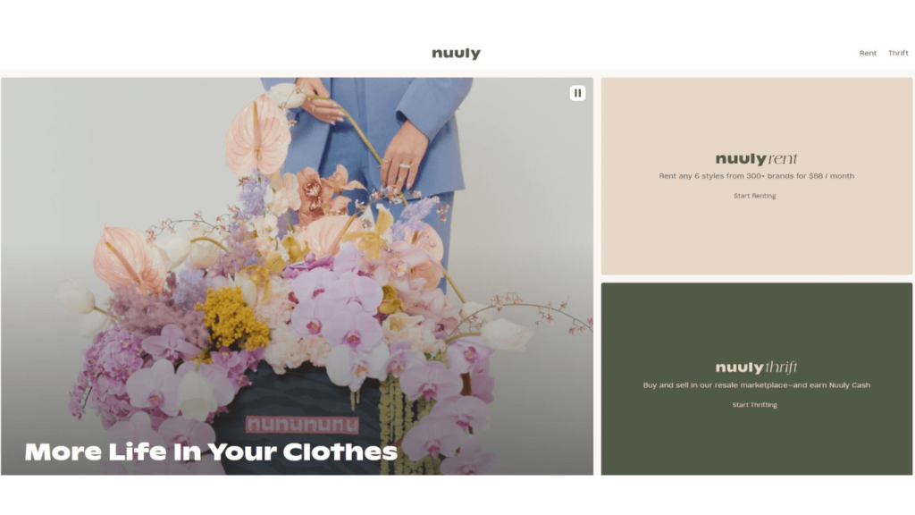 Screenshot snippet of the Nuuly website, showcasing their innovative clothing rental service, featuring a diverse selection of trendy and unique garments suitable for various styles and occasions.