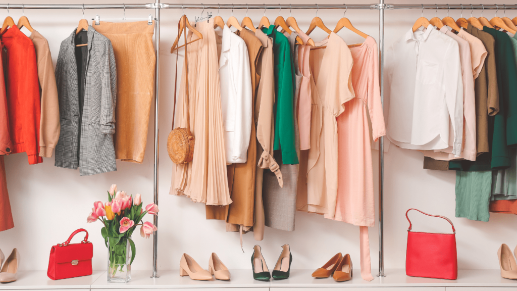 Contemporary closet showcasing fashionable spring garments and accessories.