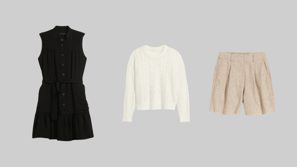 Combination of affordable seasonal essential clothing consisting of black dress, beige sweater and a tailored neutral shorts