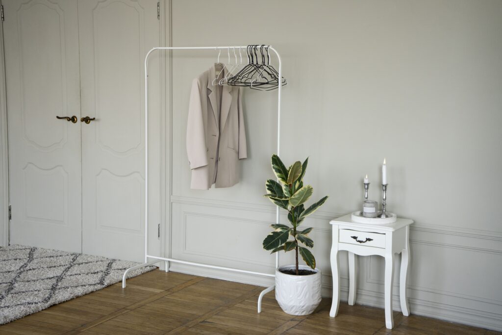 Minimalist wardrobe on display in room with potted plant, clothes rack, and nightstand.