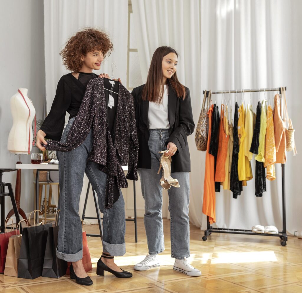 Free image of women trying on clothes in a store, exploring rental fashion options