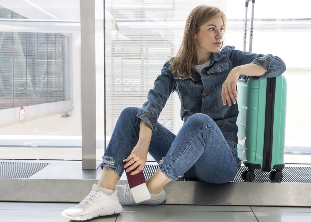 Front view of a woman patiently awaiting her flight, dressed in a comfortable denim outfit.