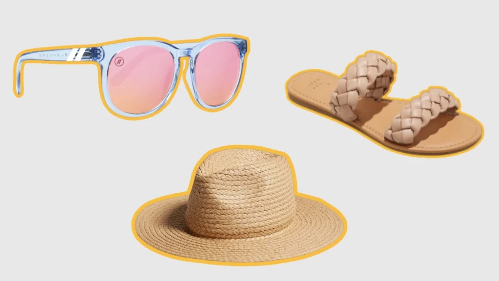 collage of summer accessories, sunglasses, sandals, and beach hat