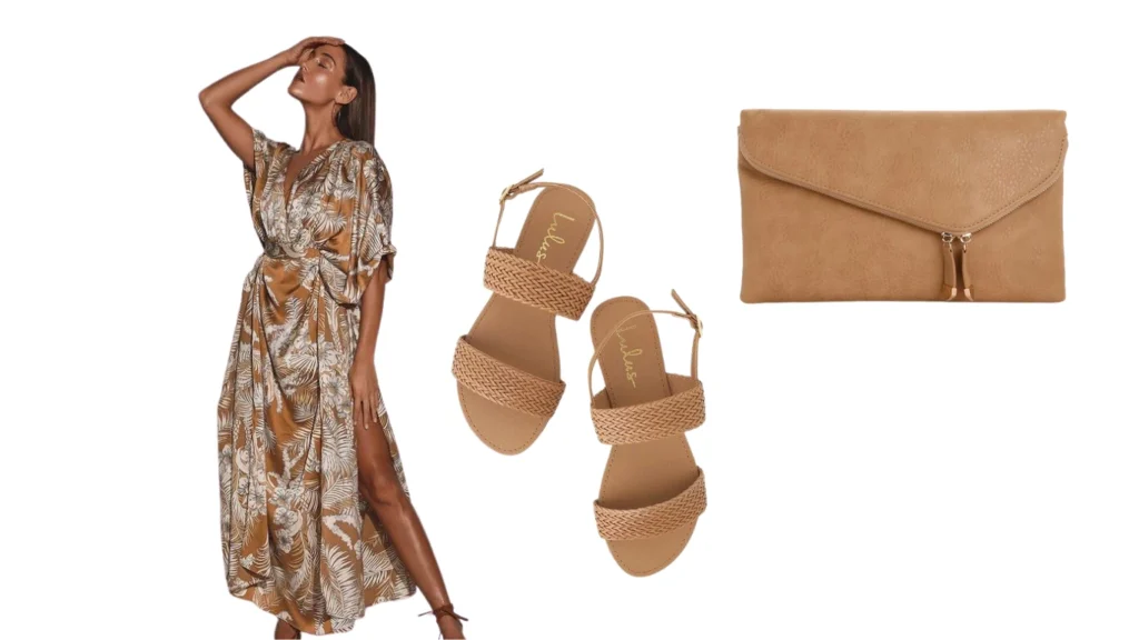 Tropical Print Kimono Sleeve Dress + Sandals + Clutch