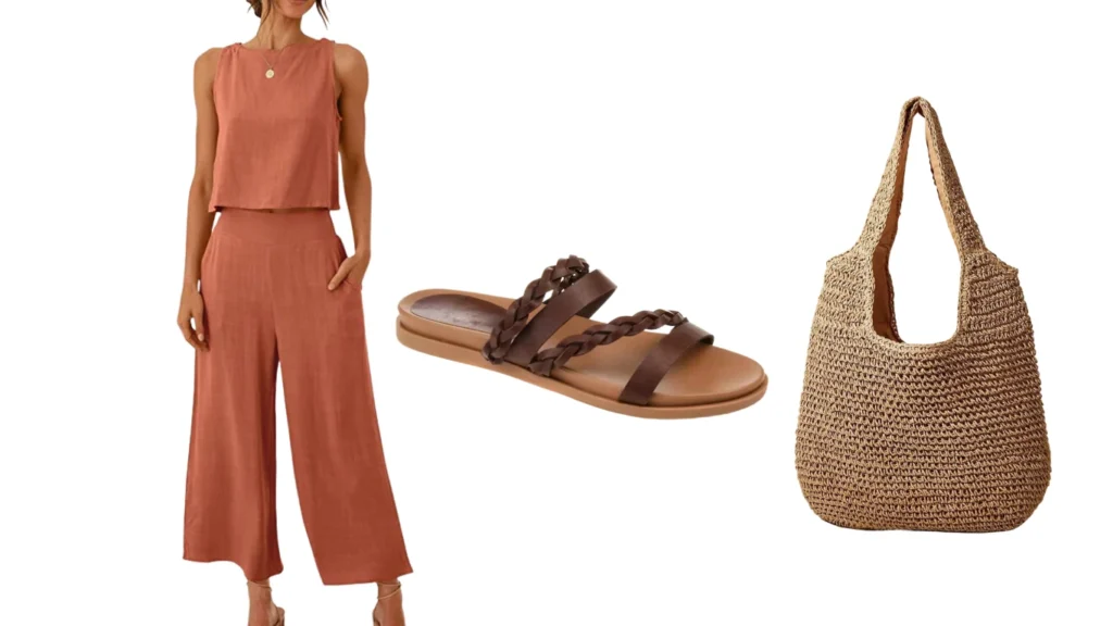 Two-Piece Jumpsuit + Flat Sandals + Straw Tote