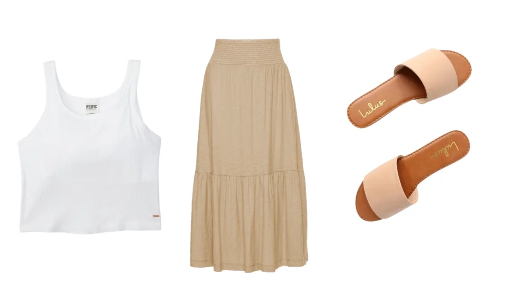 Sleeveless Crop Top + Smocked Midi Skirt + Neutral Slide Sandals