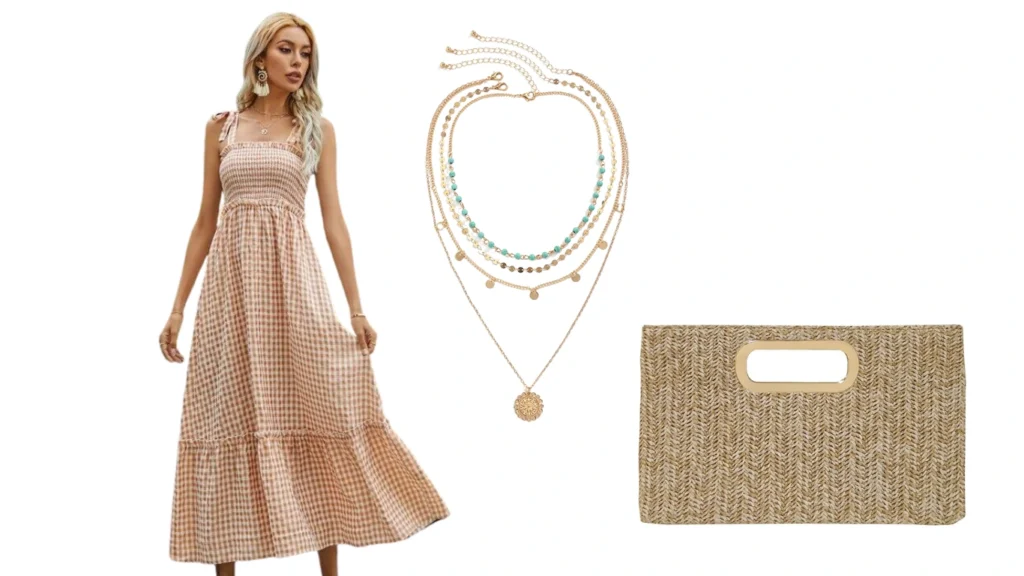 Tie-Strap Maxi Dress + Beaded Necklace + Clutch