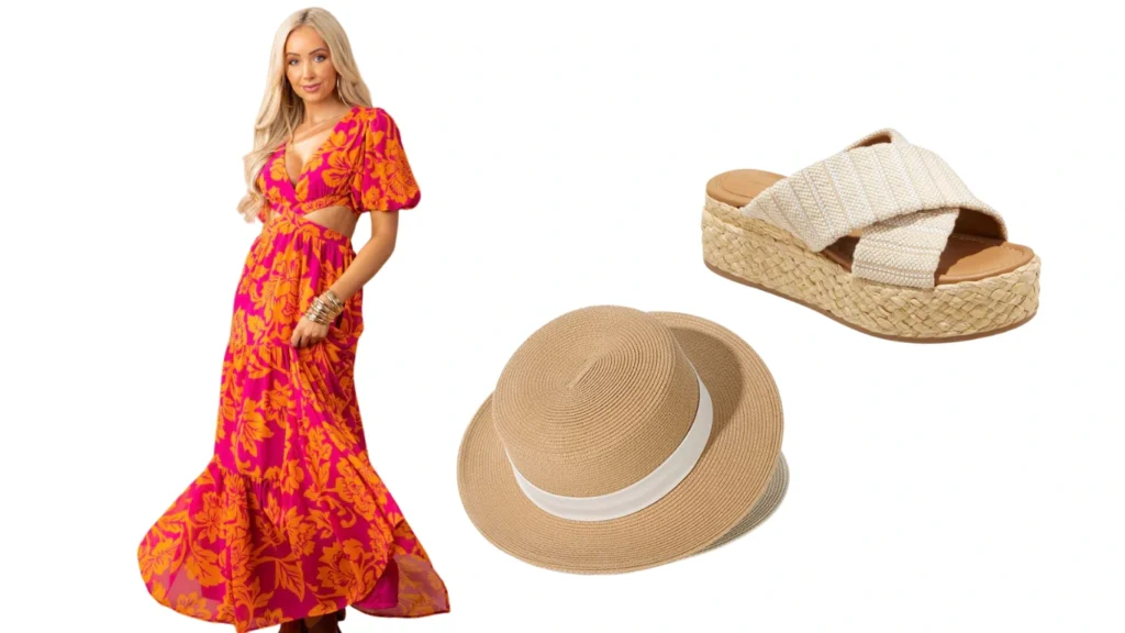 Ruffled Cutout Maxi Dress + Espadrille Sandals + Straw Hat