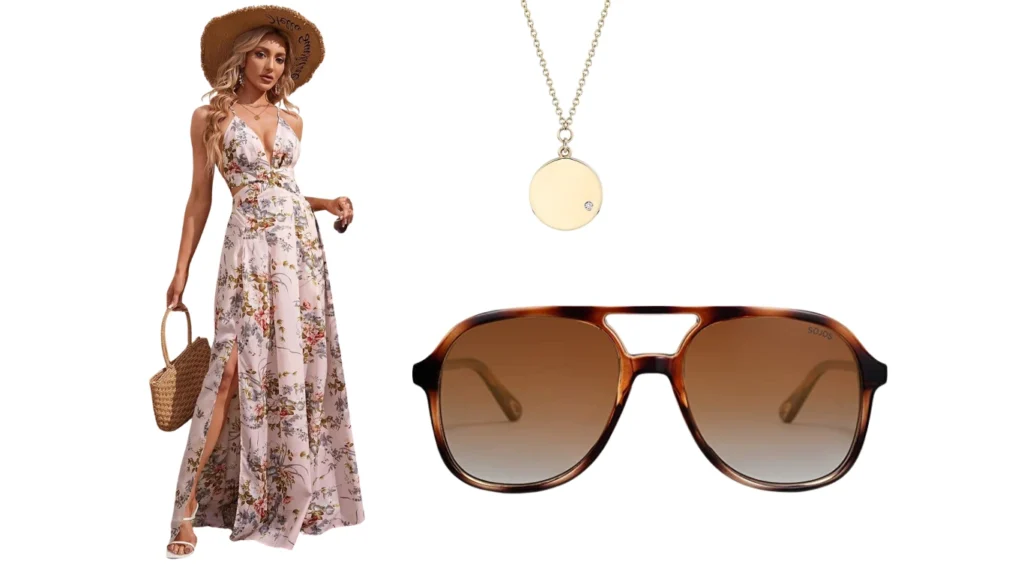 Multi-Print Maxi Dress + Pendant Necklace + Aviator Sunglasses