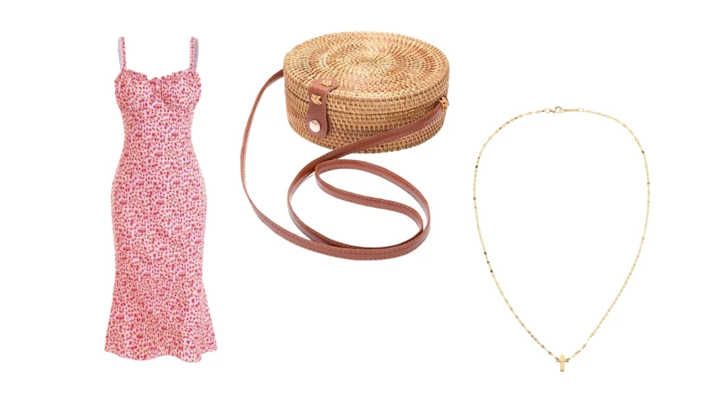 Floral Bodycon Mini Dress + Straw Bag + Pendant Necklace
