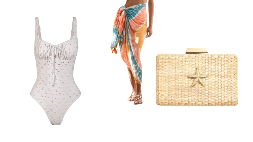 Lace-Up One-Piece Swimsuit + Cover-Up Skirt + Woven Straw Clutch
