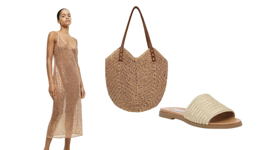 Metallic Maxi Cover-Up + Straw Tote + Slide Sandals