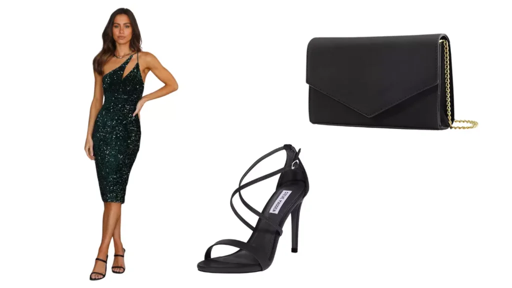 Sequined Midi Dress + Strappy High Heel Sandals + Clutch