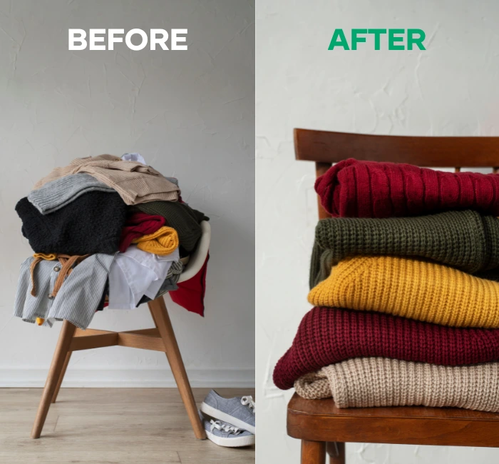 A comparison image showcasing the transition from a cluttered to a minimalist wardrobe. The 'before' image on the left displays an overflowing, disorganized closet full of various clothing items. In contrast, the 'after' image on the right presents a simplified, streamlined wardrobe, neatly arranged with essential, timeless pieces. The transformation visually communicates the concept of decluttering and embracing minimalism in one's lifestyle.