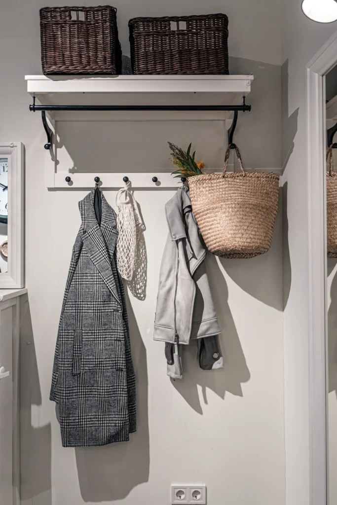 Effortlessly store your outerwear with a designated photo spot in the hallway. Featuring convenient hooks for hanging, this interior design solution adds functionality to your home.