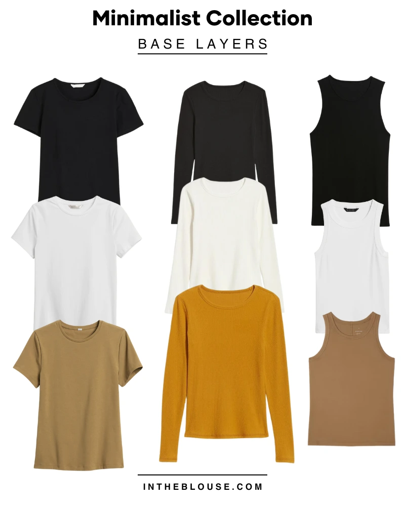 Base Layers: A flat lay of basic t-shirts, tank tops, and long-sleeve shirts in neutral colors.