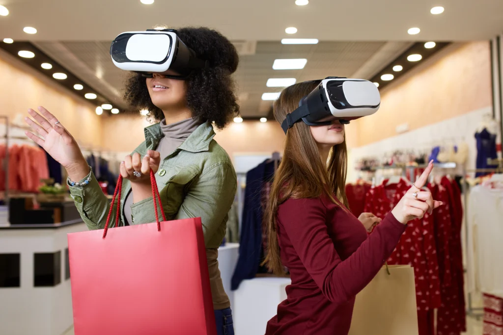 Two individuals wearing contemporary virtual reality headsets, engaging in a unique shopping experience at a lingerie store.