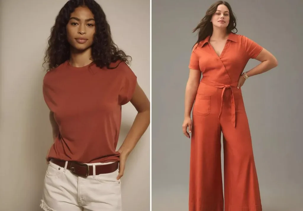 Two women displaying warm red fashion styles. On the left, a woman wears a relaxed brick red top paired with white high-waisted shorts and a matching belt, exuding a casual yet stylish vibe. On the right, a woman is dressed in a rust-colored, short-sleeve wrap jumpsuit, accessorized with a simple bracelet, presenting a chic and confident look perfect for various occasions. Both outfits highlight the rich, warm undertones of red, adding vibrancy and depth to their wardrobes.