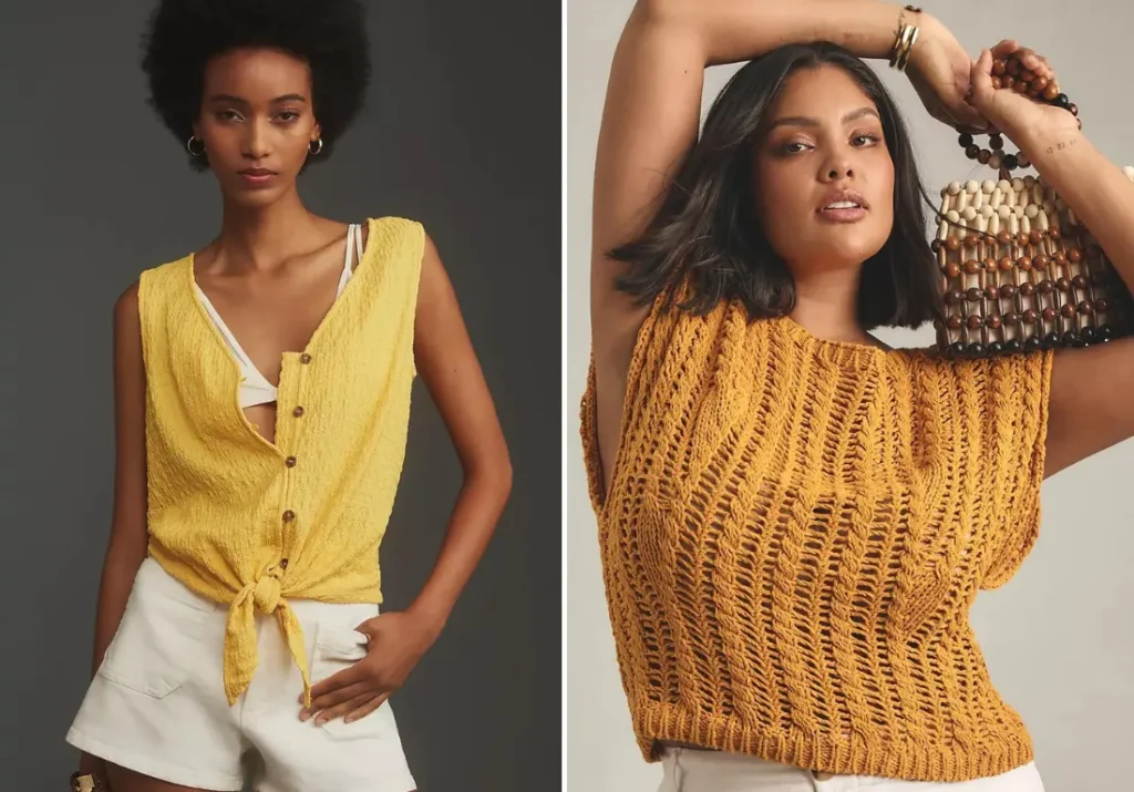 Two women wearing stylish warm yellow tops. The woman on the left is dressed in a yellow sleeveless button-up tied at the waist with white shorts, accessorized with hoop earrings. The woman on the right wears a textured yellow knit top, posing with a beaded handbag and accessorized with bracelets.