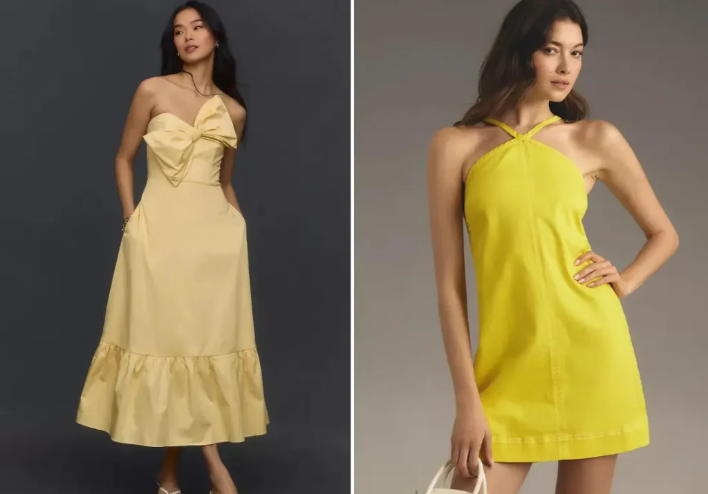 Two women showcasing warm yellow fashion outfits. The woman on the left wears a strapless yellow midi dress with a large bow detail and a ruffled hem, perfect for a summer event. The woman on the right is dressed in a vibrant yellow halter neck mini dress, exuding a chic and playful vibe, accessorized with a white handbag.