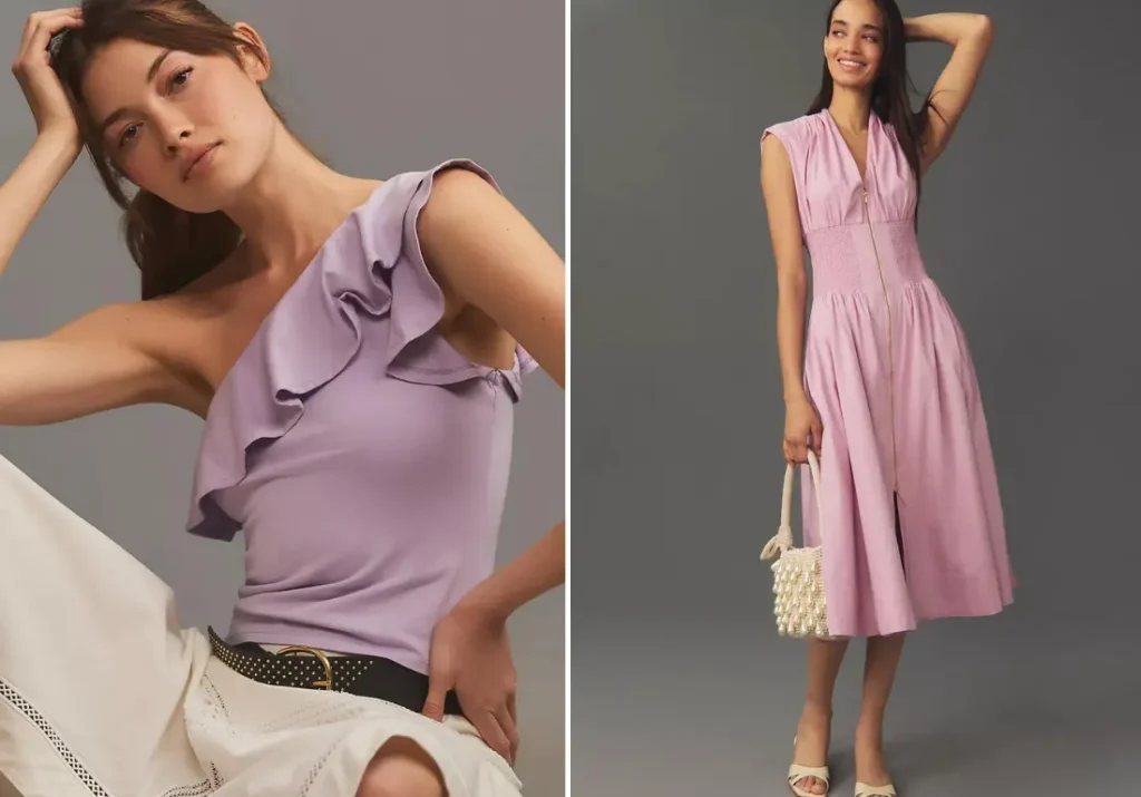 Two women modeling cool purple outfits. On the left, a woman wears a light lavender one-shoulder top with ruffle details, paired with cream-colored pants and a black belt. On the right, a woman in a sleeveless, shirred waist, light purple dress holds a white, woven handbag. Both outfits feature soft, pastel purple tones, perfect for a stylish and elegant look.