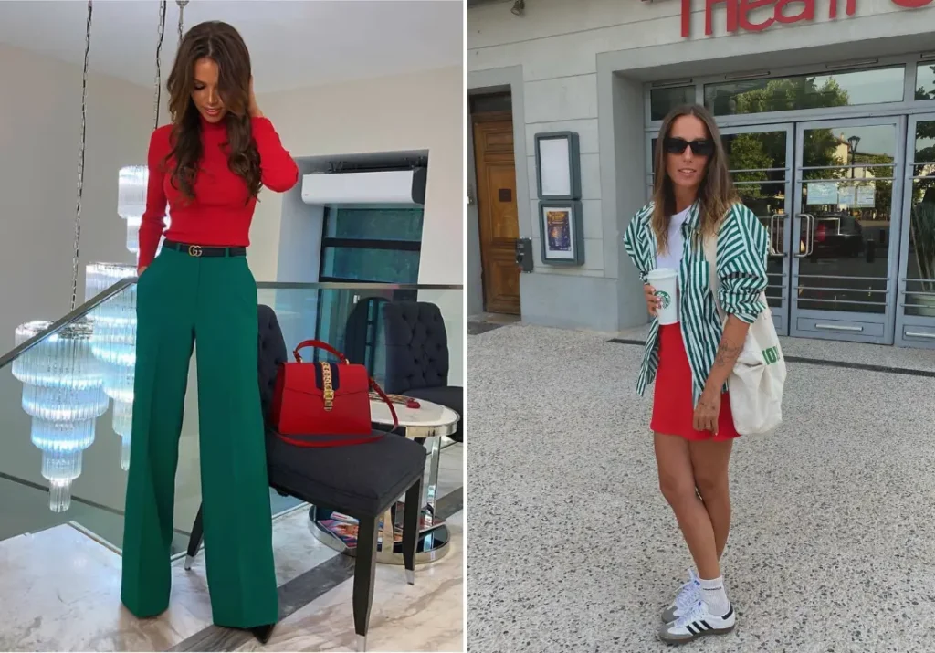 Two fashionable women demonstrating the use of complementary colors in their outfits. The woman on the left wears a striking combination of a red blouse with green pants, complemented by a red handbag, showcasing a bold and confident look. The woman on the right pairs a red skirt with a green and white striped jacket, accessorized with white sneakers and a casual tote, illustrating a more relaxed yet stylish approach to the red and green color pairing.