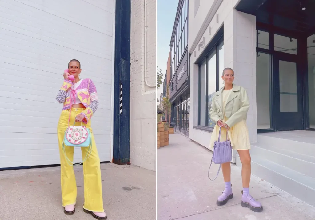 Two vibrant spring outfits showcasing yellow and purple complementary color schemes. The first outfit features a yellow wide-leg pants paired with a pink and purple cropped cardigan and a colorful handbag. The second outfit includes a pale yellow dress under a light green jacket, accessorized with purple socks, lilac boots, and a matching lavender handbag.