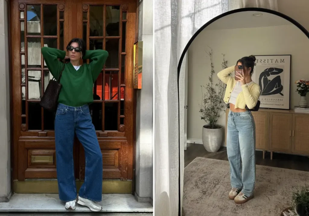 Two fashion-forward outfits showcasing complementary colors: on the left, a woman stands in front of a wooden door wearing a green sweater, blue jeans, and white sneakers, demonstrating a chic fall/winter look. On the right, a woman takes a mirror selfie wearing a pastel yellow cardigan, white crop top, and light blue jeans, perfect for a spring/summer outfit.