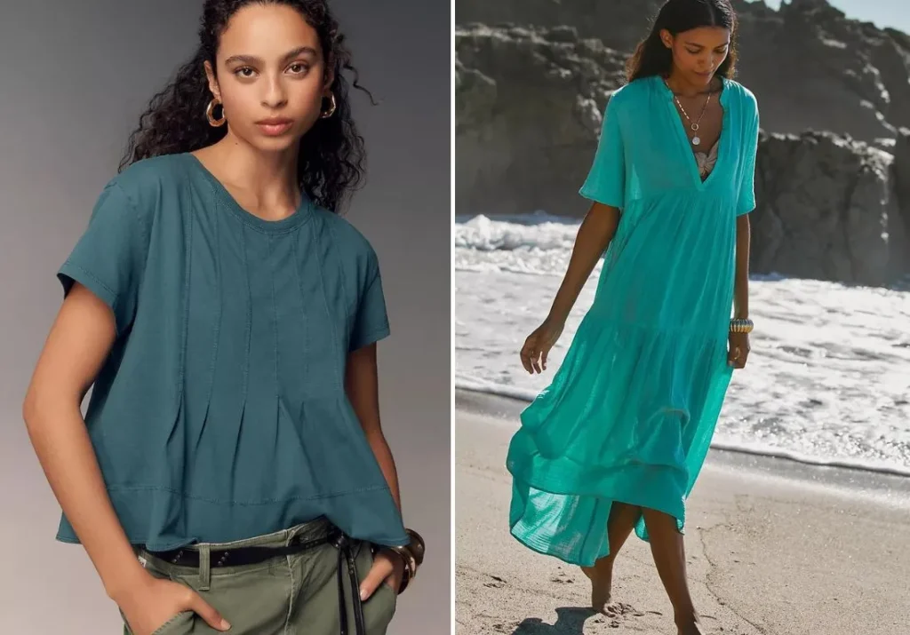 Two women showcasing cool teal outfits. The woman on the left wears a teal blouse paired with olive green pants, and gold hoop earrings. The woman on the right wears a flowing teal dress, walking along a beach with waves in the background.