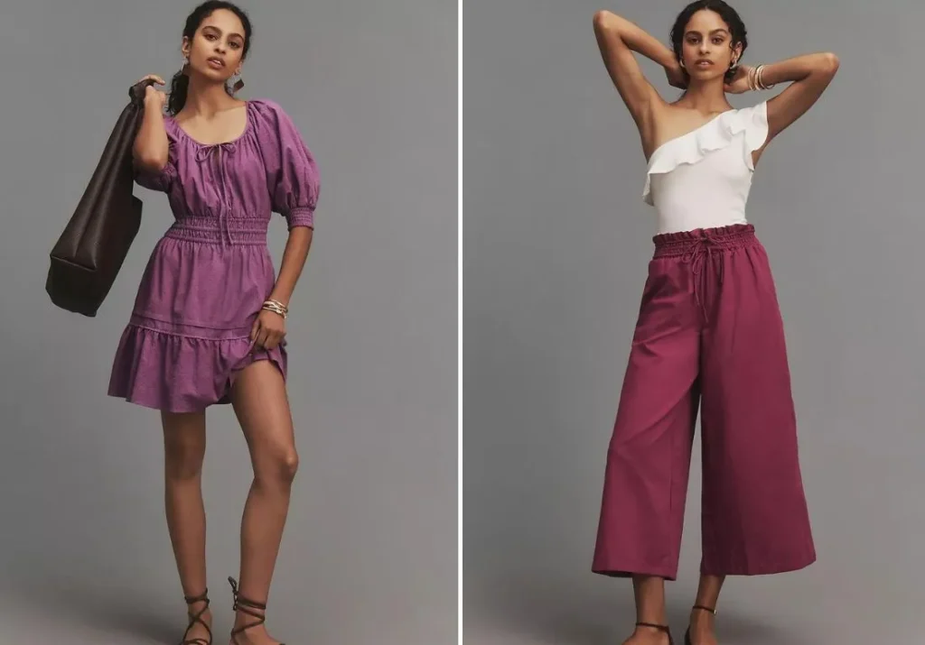 Two women showcasing stylish outfits with cool purples. On the left, the model wears a smocked, puff-sleeve mini dress in a soft purple hue, paired with a large brown tote and strappy sandals. On the right, the model dons a white one-shoulder top with a ruffle detail, tucked into high-waisted, wide-leg pants in a rich plum color, accessorized with bangles and strappy heels.