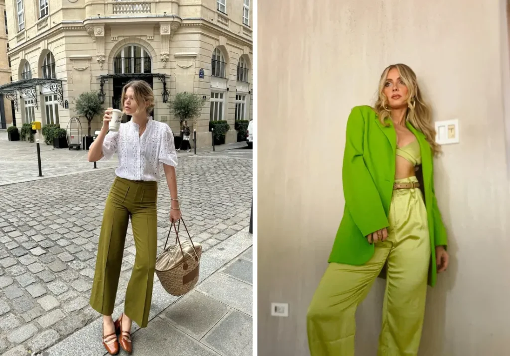 Two women showcasing stylish green outfits: On the left, a woman in a white lace blouse paired with olive green wide-leg pants and brown loafers, holding a coffee cup and a woven tote bag, stands on a cobblestone street in front of a classic building. On the right, a woman indoors wears a bold lime green blazer over a matching crop top and wide-leg pants, exuding a modern and vibrant fashion statement.