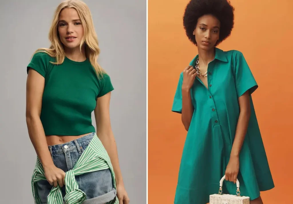 Two women showcasing fashion styles featuring cool green tones. The left model wears a fitted emerald green crop top, paired with high-waisted denim shorts and a green-striped shirt tied at the waist. The right model dons a teal shirt dress, accessorized with a chunky gold necklace and a woven handbag, standing against a warm orange background. Both outfits highlight the elegance and sophistication of cool green hues.