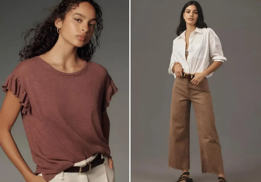 Two women showcasing stylish outfits: On the left, a woman with curly hair wears a short-sleeve, ruffle-hemmed brown top tucked into light beige pants with a brown belt, posing with a serious expression. On the right, a woman with long dark hair wears a white button-up shirt tucked into high-waisted, wide-leg brown pants, accessorized with a brown belt and black sandals, posing with her hands in her pockets.