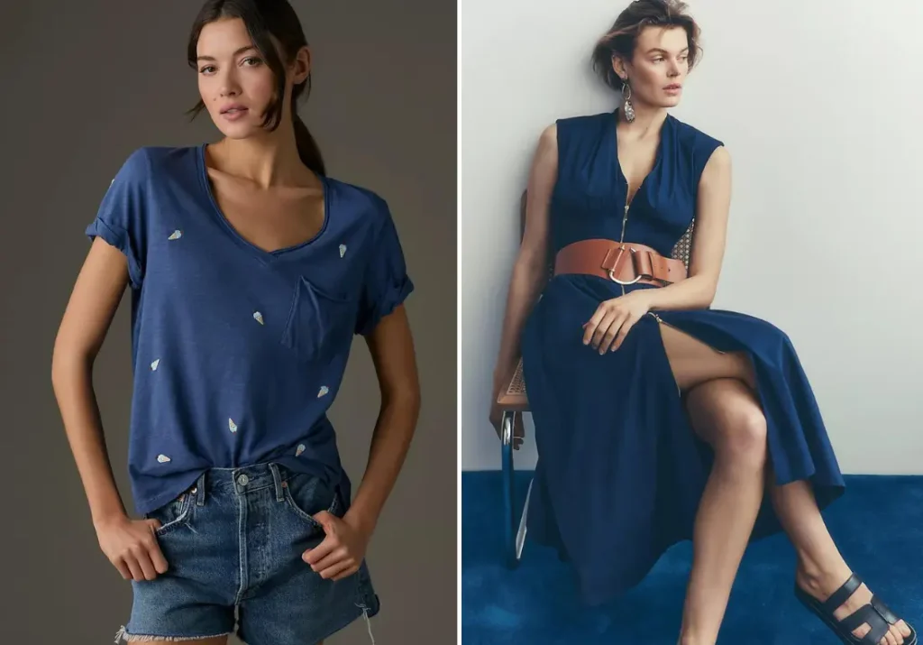 Two women in stylish cool blue outfits. The woman on the left wears a casual blue t-shirt with small embroidered designs, paired with denim shorts. The woman on the right dons a sophisticated navy blue dress, cinched at the waist with a wide brown belt, sitting on a chair and wearing statement earrings.