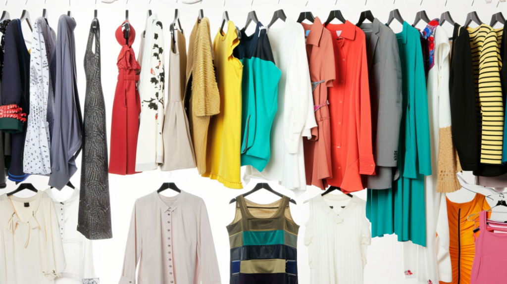 A diverse selection of clothing items hanging on a rack, showcasing a versatile wardrobe. The collection includes a variety of dresses, blouses, jackets, and skirts in different colors and styles, such as a red dress, a yellow blouse, a teal top, a grey suit, and a striped dress. The garments range from casual to formal, featuring various fabrics and patterns, providing a comprehensive display of fashion choices.