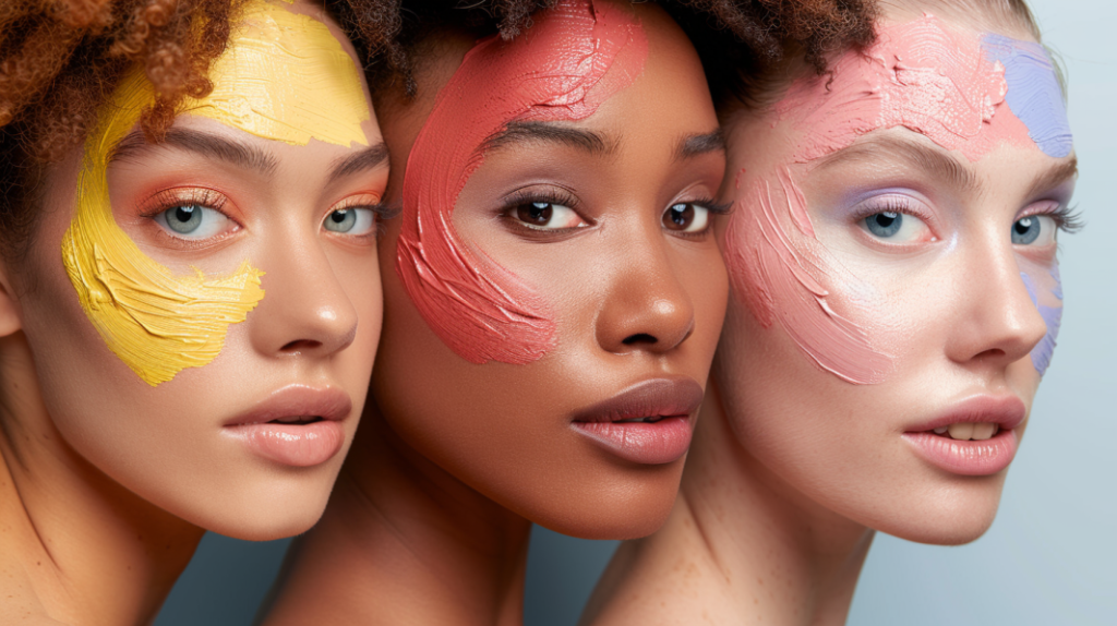 Three women with different skin tones and undertones: the first has light skin with a warm yellow undertone, the second has medium-dark skin with a warm red undertone, and the third has light skin with a cool pink undertone. Each woman has a corresponding color swatch painted on her cheek, demonstrating how different colors complement their undertones.