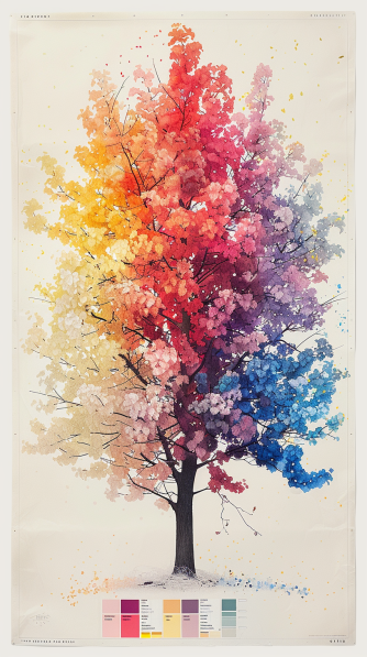 Chart showing the 12-season color analysis represented as a tree with leaves transitioning through various colors from warm to cool tones, illustrating the subdivisions within Winter, Spring, Summer, and Autumn palettes.