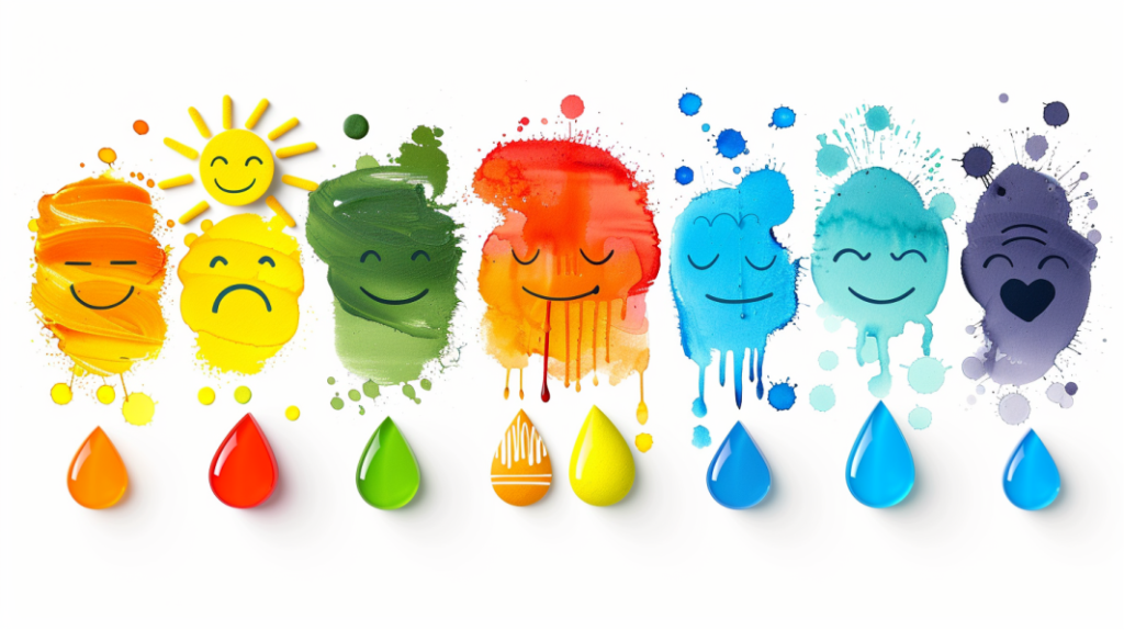 Color blobs with facial expressions representing different emotions: blue for sadness, green for calm, yellow for happiness, orange for energy, and red for anger. Each color is paired with its corresponding emotion to illustrate common color-emotion associations.