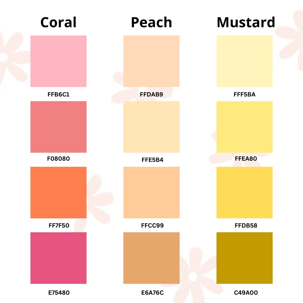 Color swatches of warm tones featuring five shades each of Coral, Peach, and Mustard. Each column is labeled at the top with the color name, and each swatch displays its hex code underneath. The Coral column includes shades #FFB6C1, #F08080, #FF7F50, #E75480, and #D53A42. The Peach column includes shades #FFDAB9, #FFE5B4, #FFCC99, #E6A76C, and #D19062. The Mustard column includes shades #FFF5BA, #FFEA80, #FFDB58, #C49A00, and #A67C00. The background has a subtle floral pattern in light colors.