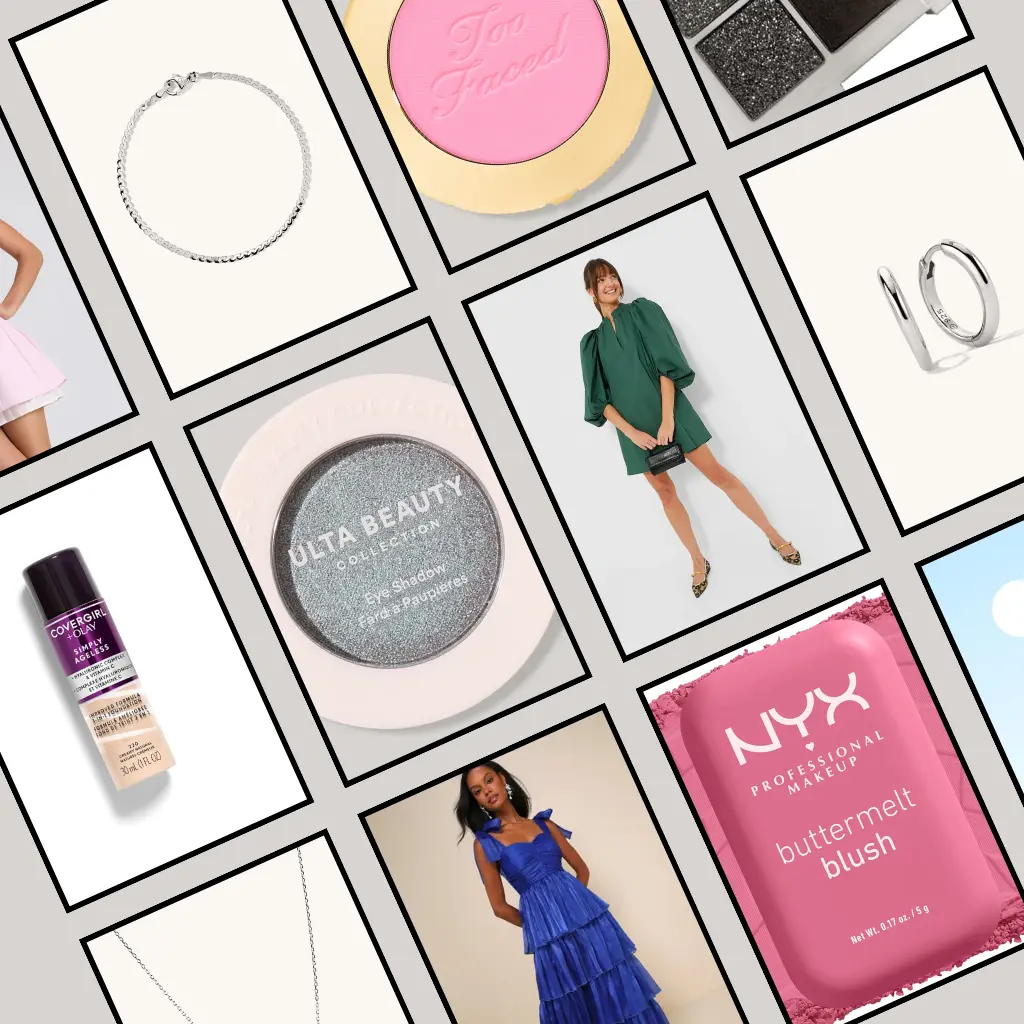 Collage of beauty and fashion items tailored for cool undertones, featuring products like silver jewelry, green dress, blue dress, and makeup items in cool shades such as pink blush, gray eyeshadow, and berry lipstick.