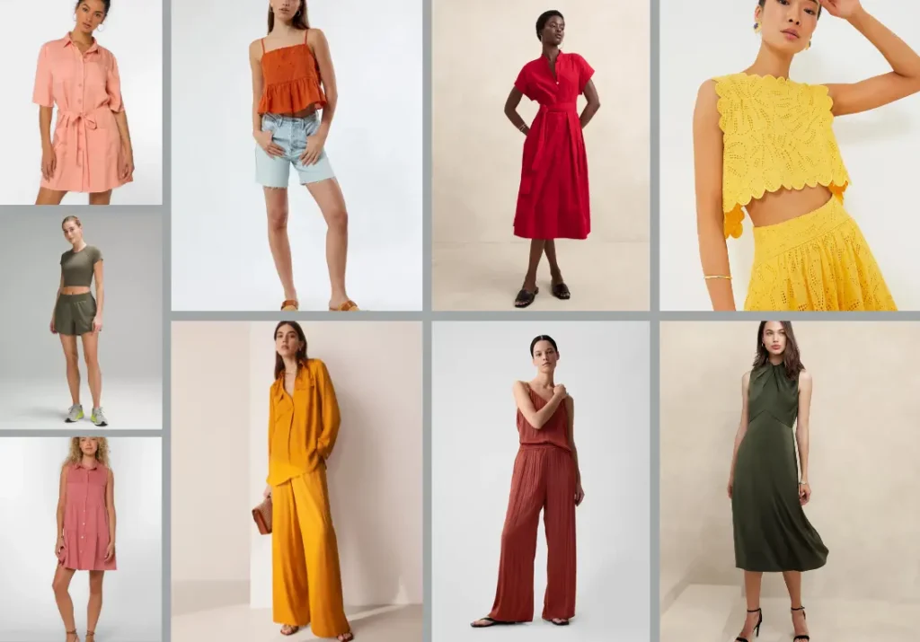 A collage of stylish clothing items designed for individuals with warm undertones, featuring a variety of colors that enhance the natural warmth of their skin. The image includes a coral dress, a golden yellow blouse, burnt orange pants, a warm red dress, an olive green athletic outfit, and a mustard yellow suit. Each clothing item is displayed on models, showcasing how these vibrant and earthy hues reflect the natural golden and peachy tones, evoking images of autumn leaves, sunsets, and golden fields. The background is light, allowing the colors to stand out and highlight the suitability for warm undertones.