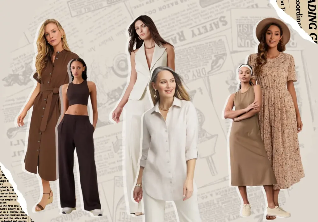 A stylish collage of women modeling various outfits in neutral tones ideal for warm undertones. The image features a brown button-down dress, a brown crop top with matching wide-leg pants, an ivory vest and trousers ensemble, a beige button-up shirt with white pants, a tan sleeveless dress, and a floral beige maxi dress. The models are arranged against a light beige background with a vintage newspaper pattern, highlighting the versatility and elegance of these neutral colors. The outfits evoke a natural, earthy feel that enhances the warm undertones of the models' skin.